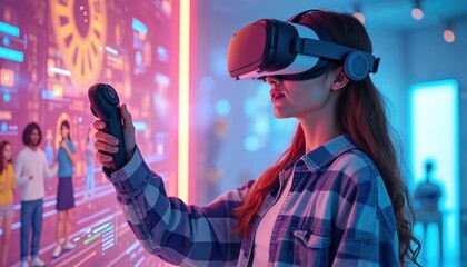 Young woman wearing VR headset enters digital metaverse. User explores futuristic 3D online world with avatars. Next generation social media platform, virtual reality tech.