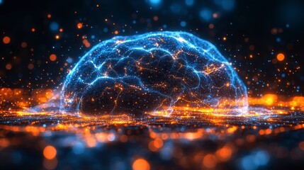 Glowing brain image with a network of bright, interconnected points, floating above an undulating surface