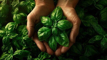 A person’s hands hold a small basil plant with soil, preparing to plant it in the garden.