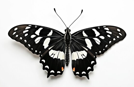 Striking close-up captures zebra longwing butterfly. Black, white striped wing pattern set against white background. Perfect for nature eco concepts. Stunning macro details shows insect. Symbolic of - Powered by Adobe