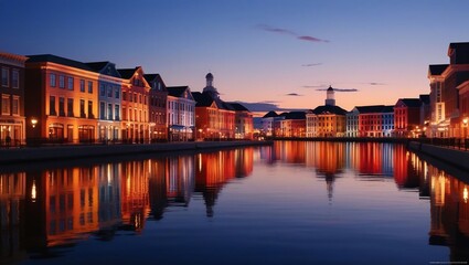 Obraz premium Reflections on the Water: A Serene Evening in the City