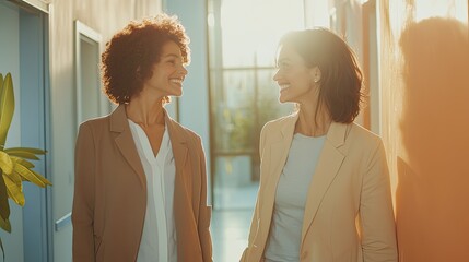An elderly woman with gray hair and a light gray shirt smiles while holding the arm of a caregiver, a woman in a white uniform.