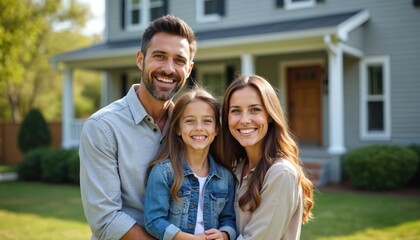 Happy family stands in front of new home. Parents, daughter smile at camera, family in new house, real estate, relocation, residential. Smiling people near suburban building, housing purchase concept.
