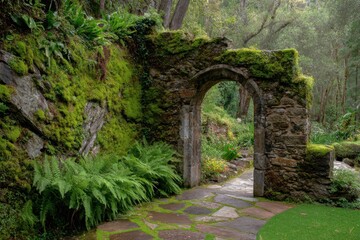 Fototapeta premium Mossy stone archway leads into a lush green forest garden
