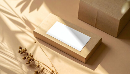 Kraft Cardboard Box Mockup with Blank Label and Dried Flowers