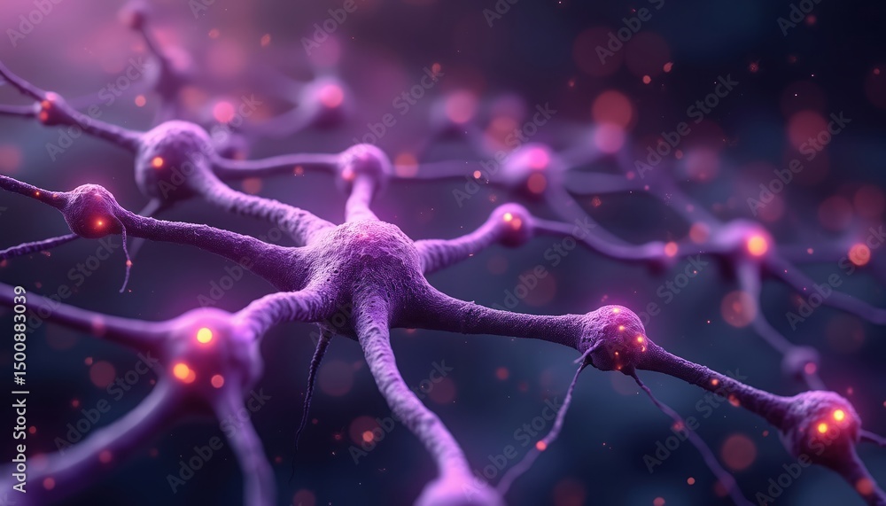 Poster neural network neurons with glowing connection. purple, pink tones. biology, science, tech, communic
