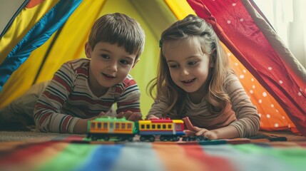 Two young children are playing joyfully inside a homemade fort made from blankets and cushions.
