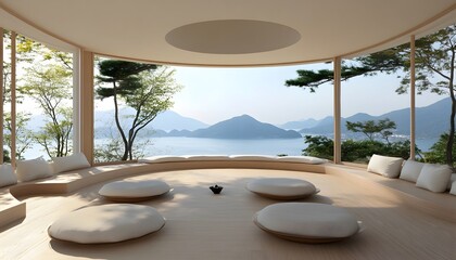 Obraz premium Panoramic view of a tranquil, modern interior space with expansive windows.