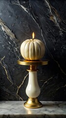 Lit White Pumpkin Candle on Stand