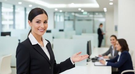 Fototapeta premium Smiling businesswoman in suit gesturing an invitation with hand in office environment. Business meeting in background with colleagues.