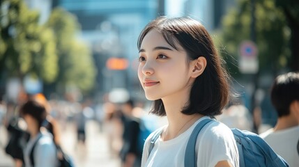 A young woman stands still in an urban setting, gazing upward.