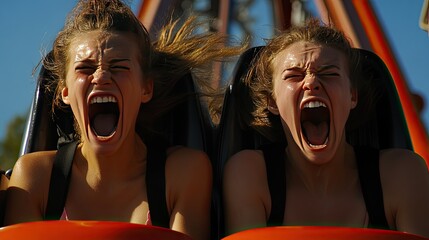 A group of four friends on a roller coaster, with two women in the front showing contrasting emotions.