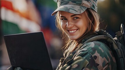 A smiling female military service member in a camouflage uniform and cap sits at a desk, working on a computer.