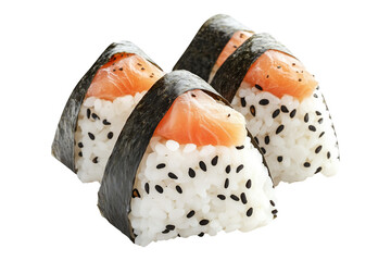 Japanese salmon onigiri rice ball wrapped in nori seaweed, isolated on white transparent background, showcasing traditional Asian cuisine concept