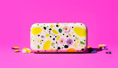 Colorful terrazzo soap with flowers. Minimal concept playful flat lay for modern skincare or summer beauty.