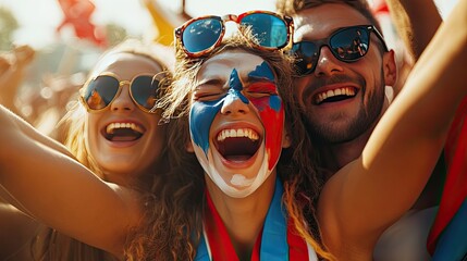 A group of enthusiastic female fans celebrating at a sporting event, wearing red shirts and face paint in the colors of England's flag.
