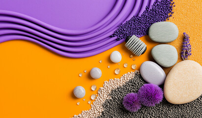 Zen stones and vulcanic sand on orange and purple background – textured wellness wall art concept in vibrant colors. Minimal concept with copy space.