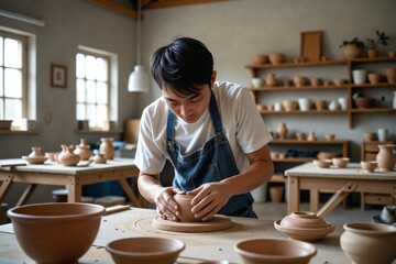 Young Adult East Asian Male Hand-Building Pottery with Clay in Organized Pottery Studio with Rustic Ambiance