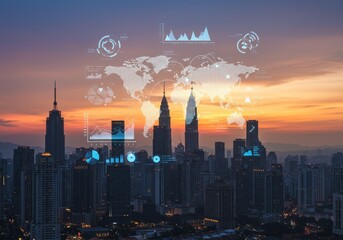 Photo of Kuala Lumpur Skyline at Sunset with Digital Data Overlay