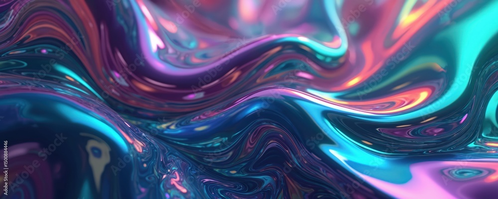 Poster Abstract illustration with fluid, holographic design. Twisted shapes create iridescent 3D background. Colourful wallpaper with flowing rainbow spectrum. Unique texture, perfect for tech, art, digital