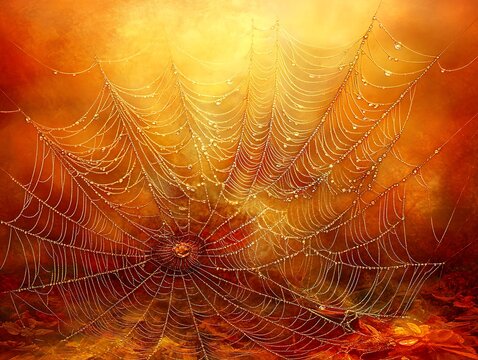 Sparkling, Glistening Water Droplets and a Soft Sunrise Light in an Ultra-Detailed Macro Photograph of a Morning Dew on a Spider Web