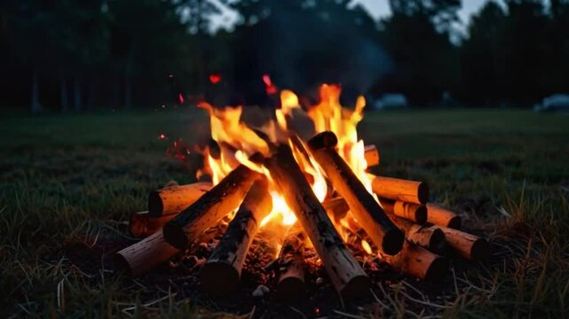 Campfire at dusk, pile of logs, with flames rising vividly in shades of orange and yellow against the dimming blue sky