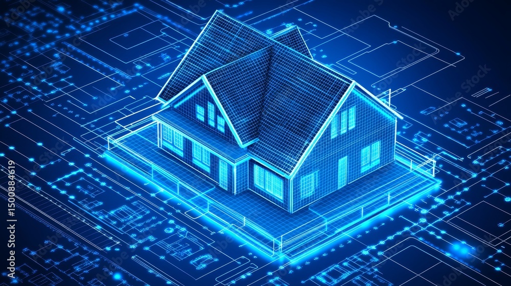 Poster digital blueprint of modern smart home architecture design with glowing blue lines on circuit board