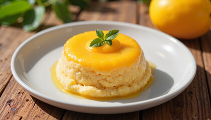 Delicious mango souffle on rustic wooden table, vibrant dessert appeal