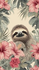 Obraz premium Realistic vintage drawing of sloth flower wildlife animal.