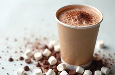 To go paper cup with hot chocolate cocoa, topped marshmallows, chocolate chips on white background. Takeaway drink, dessert food, winter cold season beverages. Empty mug with sweet topping ready to