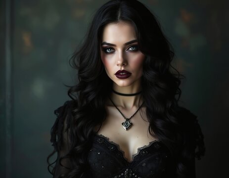 Portrait beautiful gothic vampire queen with dark makeup. Young woman with black hair, dark lipstick posing in cinematic style. Fantasy illustration, female model, halloween photo.