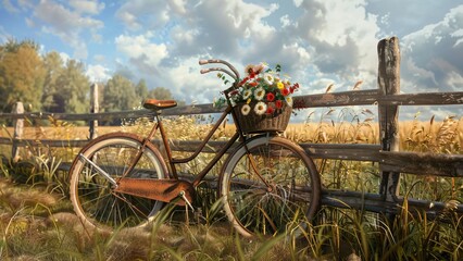 Fototapeta premium Vintage bicycle with flower basket leaning on country fence