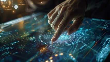 Futuristic touchscreen interface with hand interaction