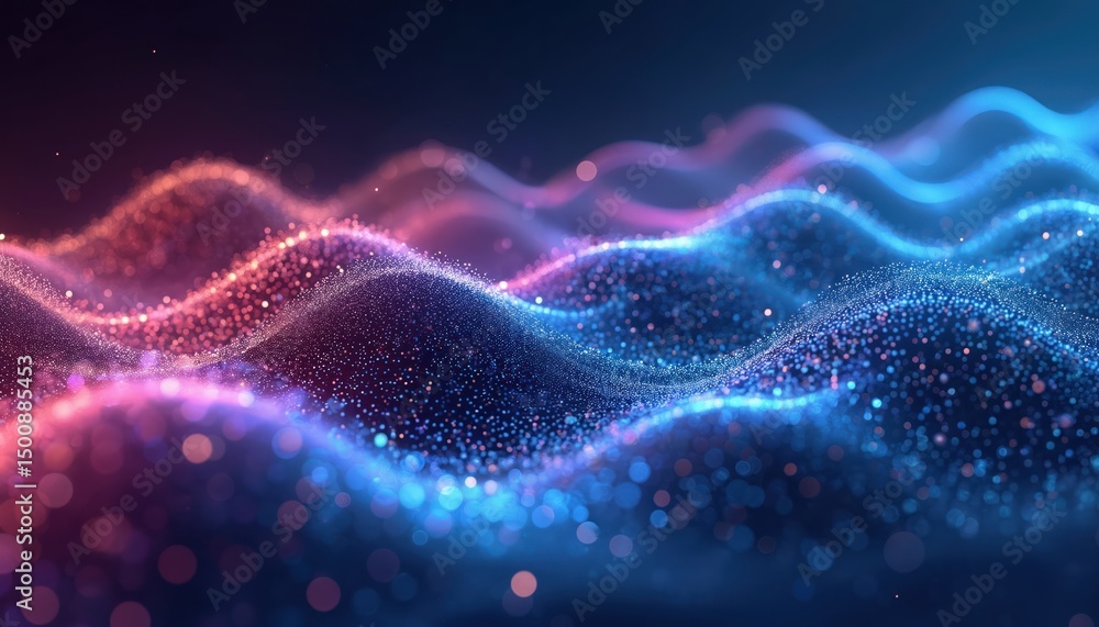 Poster Abstract futuristic illustration features glowing blue, pink digital waves made of dots representing sound waves data flow concepts. Digital wave, tech, data stream movement, connection. Modern tech