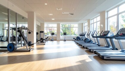 Bright gym with treadmills, machines, and mirror wall; light wood floor & window view
