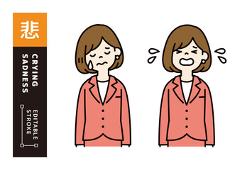 泣く・悲しむ、女性会社員のベクターイラスト素材セット＿線幅の編集可能＿カラー