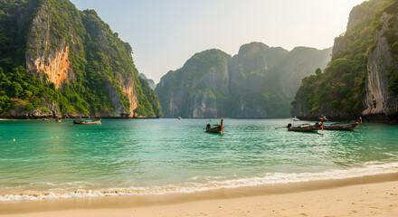 Obraz premium Tranquil Thailand Shoreline with Cliffs and Green Water PNG