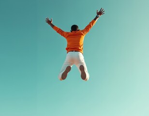 Fototapeta premium Happy man jumps against blue sky. View from behind. Joyful person in orange shirt and white pants shows freedom. Concept of happiness, success, victory, active lifestyle.