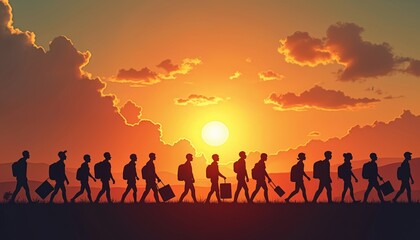 Silhouette group walks toward sunset. People with luggage, backpacks migrate, travel across world, represents International Migrants Day. New life journey, freedom, escape from problems. Concept of