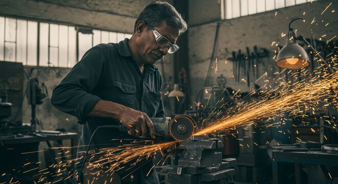 Photo of Man Grinding Metal with Sparks in a Workshop Scene Focus on Action