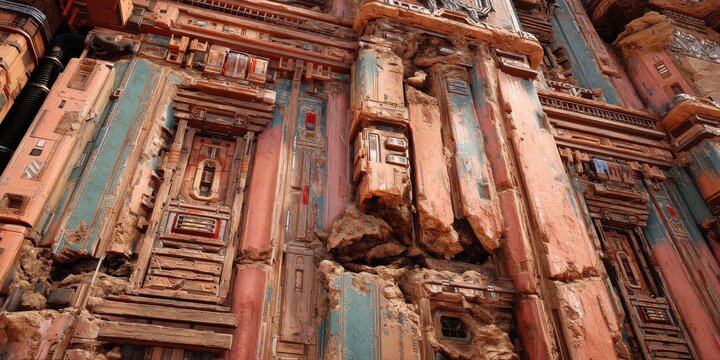 Detalle arquitect&oacute;nico de madera tallada, policromada y desgastada