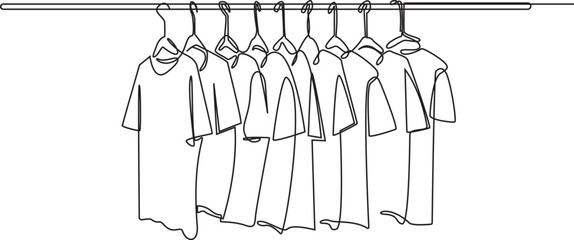 Continuous line drawing of set of men's t-shirts hanging.one line drawing of shop selling men's t-shirts. single line vector illustration of men's t-shirt clothing. website, Ecommerce, 