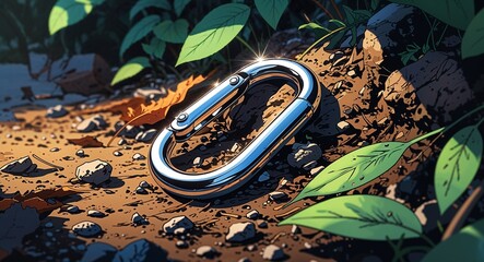Metal carabiner clip shining in the dirt near leaf litter anime cartoon illustration design