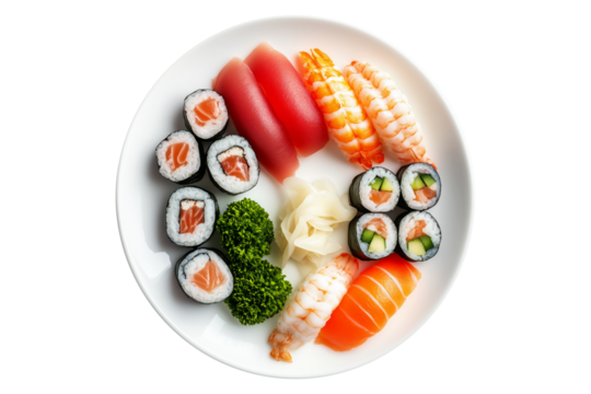 Assorted sushi set including nigiri, maki, and rolls arranged on white plate isolated on white transparent background, showcasing Japanese cuisine variety