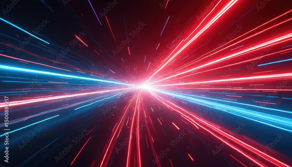 Poster Abstract illustration with dynamic lines in red blue colours. Glowing light trails on a dark background. Great for tech, science, data visualization, energy, cyberspace, or patriotic themes.