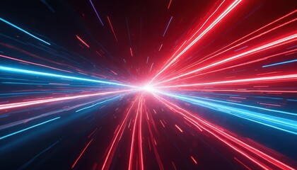 Fototapeta premium Abstract illustration with dynamic lines in red blue colours. Glowing light trails on a dark background. Great for tech, science, data visualization, energy, cyberspace, or patriotic themes.
