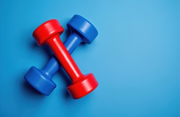 Red blue dumbbells crossed against blue background. Fitness concept. Weight training equipment for strength building. Gym workout accessories. Health wellbeing. Weightlifting exercise.
