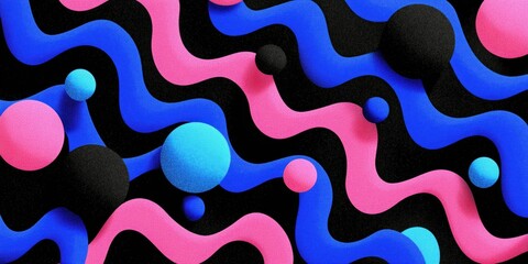 Obraz premium Abstract background with bold wavy zigzag lines and spheres in vibrant neon pink, cyan, and black on a dark backdrop, 