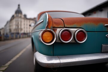Rusty vintage car parked on a city street releasing carbon dioxide in overcast weather