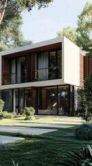 Fototapeta premium Modern Residence in Nature: A modern architectural masterpiece seamlessly blends with its natural surroundings, showcasing clean lines, expansive windows.